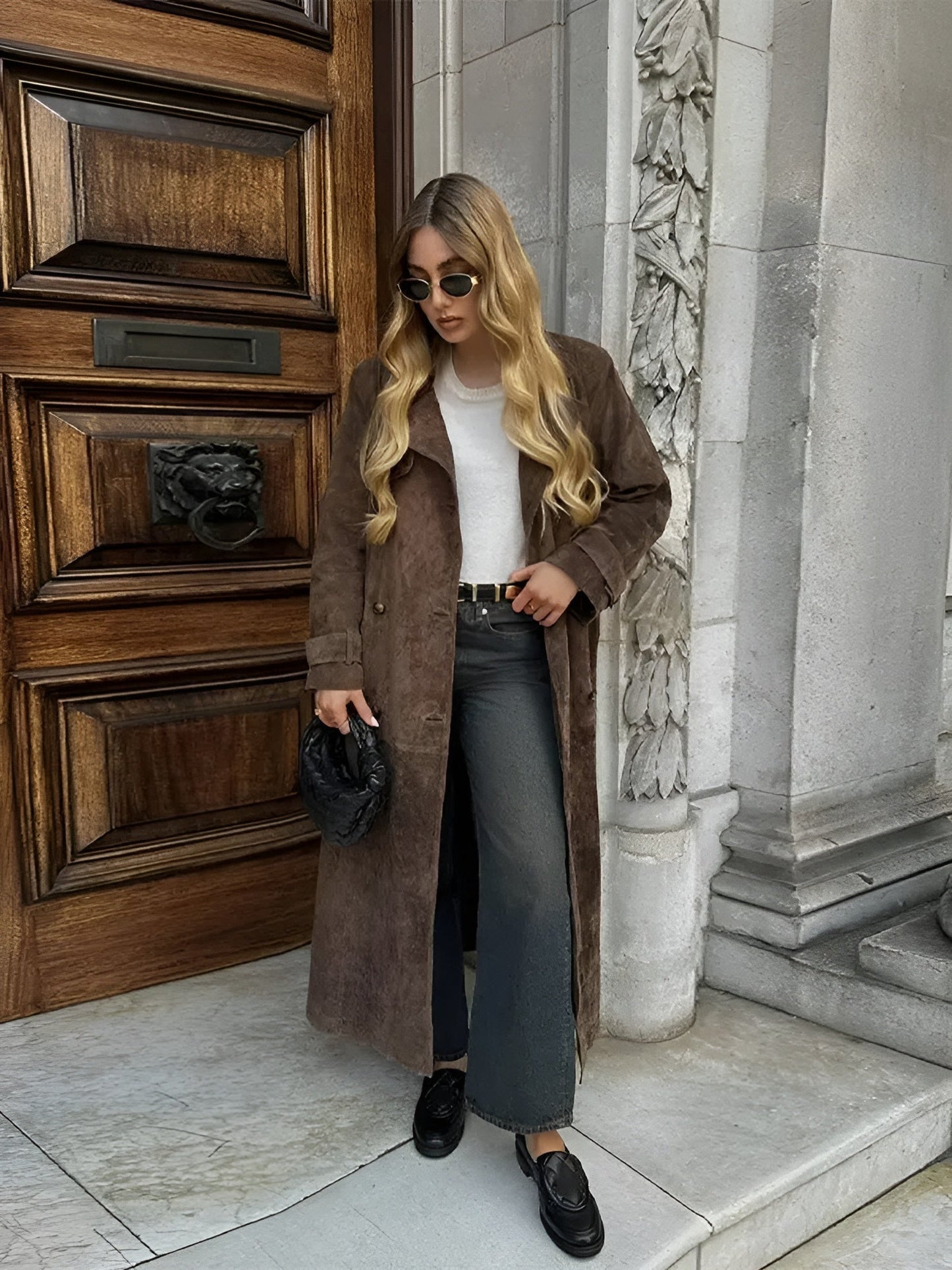 Suede long coat with belt