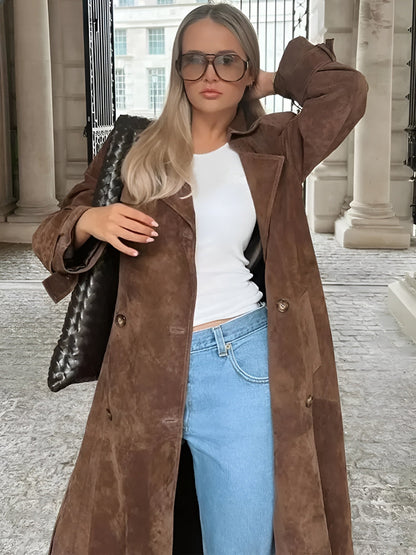 Suede long coat with belt