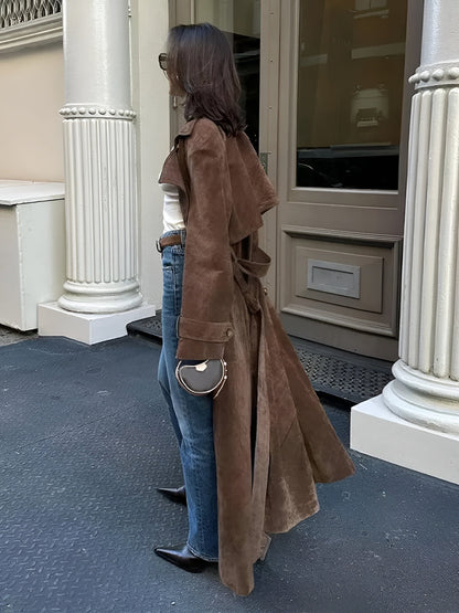 Suede long coat with belt