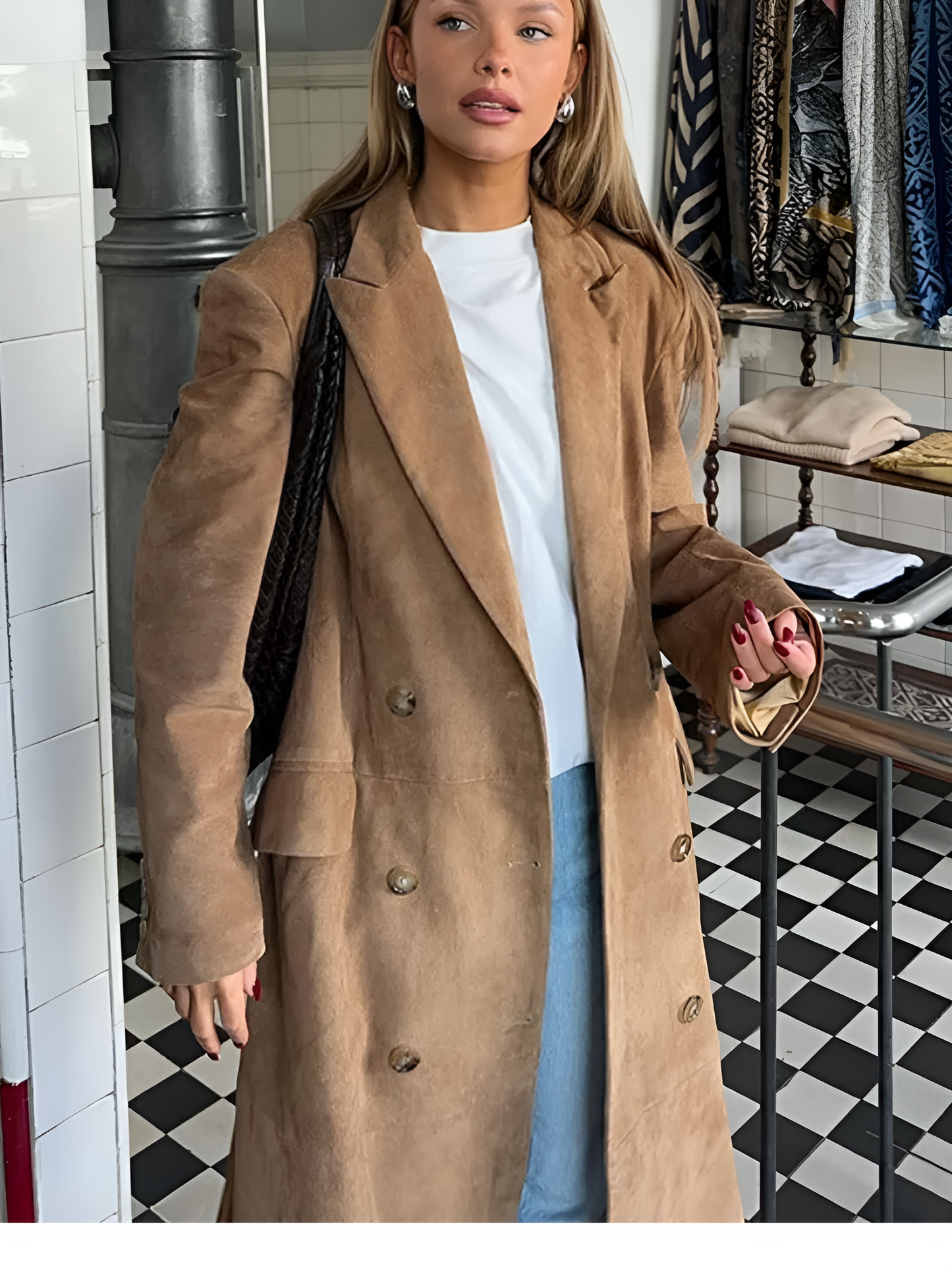 Suede long coat with belt