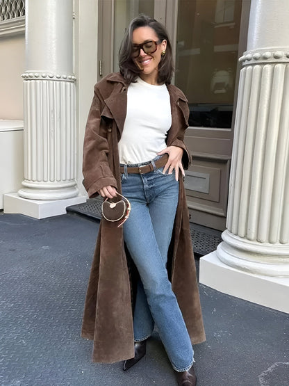 Suede long coat with belt